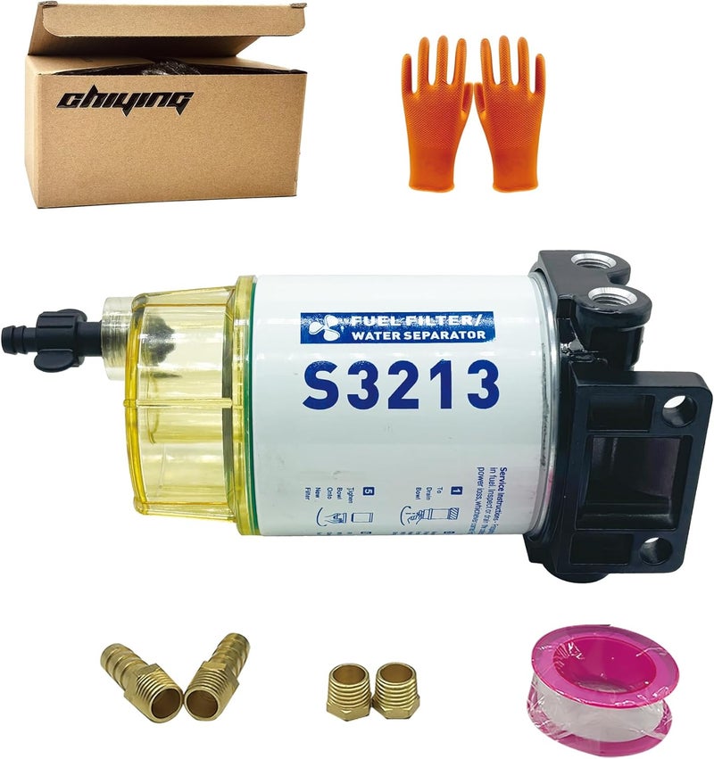 chiying S3213 Fuel Filter Water Separator Replacement for Marine Outboard Motor Mercury with 3/8" Barb x 1/4" NPT Fittings Replaces # S3214, 35-60494-1, 18-7932-1, 18-17928, 35-809097. - Image 1